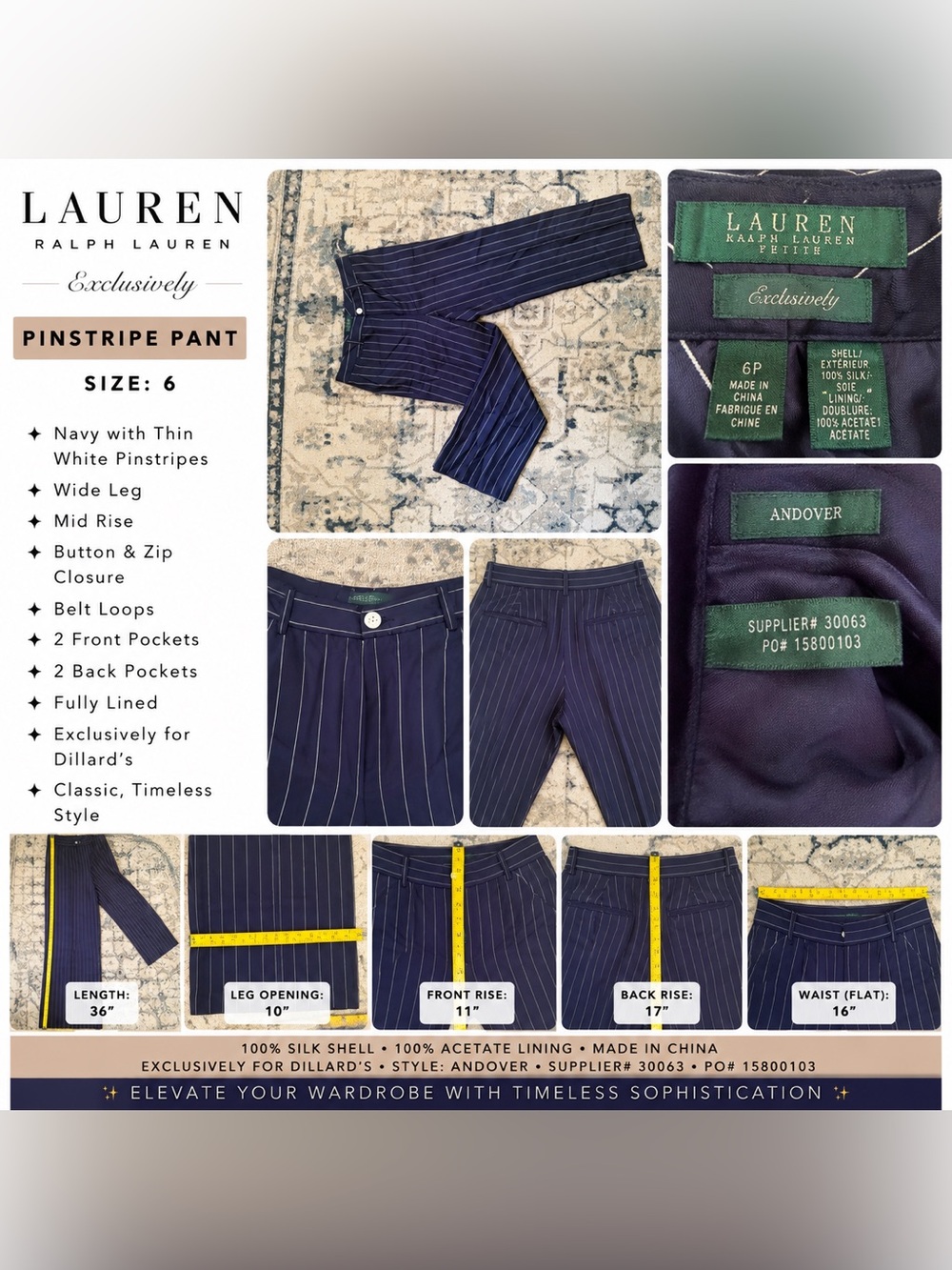 Ralph Lauren Petite 100% Silk Navy Pinstripe Pants — Size 6P